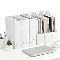 Gueevin Set of 6 Magazine File Holders, Sturdy Cardboard Desk Magazine Organizer with Gold Label Slots, Foldable File Folder Rack for Home Office Classroom Library(Beige)