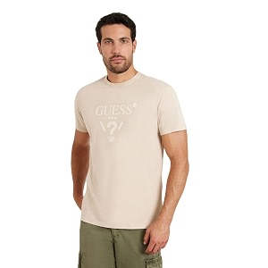 GUESS Beige Pure Cotton Printed Round Neck