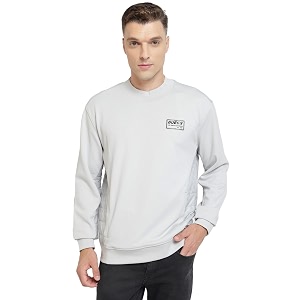 GUESS Men Grey Solid Round Neck Full