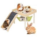 Guinea Pig Hammock with Ramp, Wooden Guinea Pig Hideout Toys with Platform, Guinea Accessories Castle with Soft Mat & Stairs for Cage Small Animals Hamsters Chinchilla Hedgehog Rat Ferret Bunny