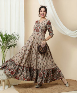 Gustofab Women Fit and Flare Brown Maxi