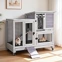 GUTINNEEN Rabbit Hutch Mobile Bunny Cage Indoor with Run Rabbit House for Small-Medium Animals with Waterproof Roof(Grey)