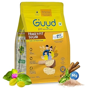 guud - family fit healthy 500 grams   use for same sweetness  50 less calories than regular  low glycemic index  100 natural  enriched with herbs