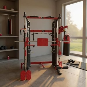 gym24 equipments functional trainer with smith machine model boxer  80 kg pvc weight stack  multi gym with leg press dip bars t bar row  home gym equipment red black