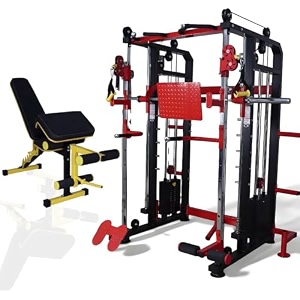 gym24 equipments multi gym functional trainer with smith machine  160 kg iron weight stack 80 kg each side  home gym equipment with bench  12 gauge steel  red black