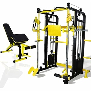 gym24 equipments multi gym functional trainer with smith machine  160 kg iron weight stack 80 kg each side  home gym equipment with adjustable bench  12 gauge steel  yellow black