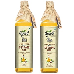 gyros farm natural pack of 2 cold-pressed sesame oil  pure edible oil for cooking amp massage non-gmo gluten-free organic woodenstone cold pressed sesamegingelly oiltil tel - glass bottle 1l