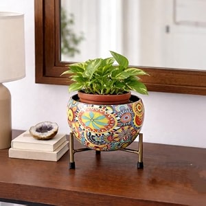 habere india-all the cultures fabricating india colorful mandala print metal plant pot with stand  decorative flower pot for living room balcony amp indoor plant decor l15 x w15 x h15 cm