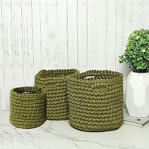 habere india-all the cultures fabricating india jute crochet basket  designer baskets for clothes storage  shelves organiser  jute planter basket camouflage green 3 piece set 6 amp 8 amp 10 inches