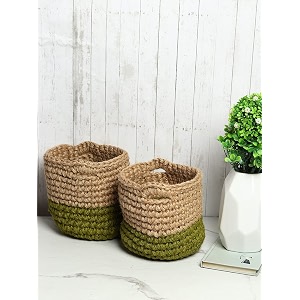 habere india-all the cultures fabricating india jute crochet basket  designer baskets for clothes storage  shelves organiser  jute planter basket beige amp green 2 piece set 8 inches