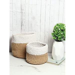 habere india-all the cultures fabricating india jute crochet basket  designer baskets for clothes storage  shelves organiser  jute planter basket beige amp white 2 piece set 6 amp 8 inches