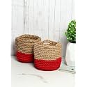 Habere India-All the Cultures Fabricating India Jute Crochet Basket | Designer Baskets for Clothes Storage | Shelves Organiser | Jute Planter Basket, Beige &amp; Red, 2 Piece Set (10 Inches)