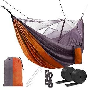 hacer portable outdoor camping hammock with mosquito net amp carabiner nylon windproof hanging swing for hiking backpacking - orange amp grey
