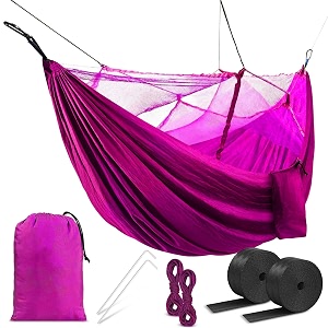 hacer portable outdoor camping hammock with mosquito net amp carabiner nylon windproof hanging swing for hiking backpacking - pink