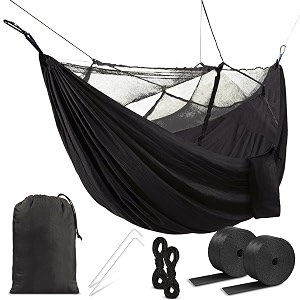 hacer portable outdoor camping hammock with mosquito net amp carabiner nylon windproof hanging swing for hiking backpacking - black