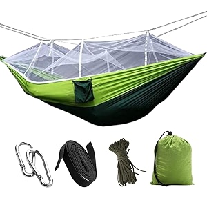 hacer portable outdoor camping hammock with mosquito net amp carabiner nylon windproof hanging swing for hiking backpacking - dark green amp light green
