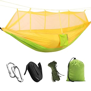 hacer portable outdoor camping hammock with mosquito net amp carabiner nylon windproof hanging swing for hiking backpacking - light green amp yellow