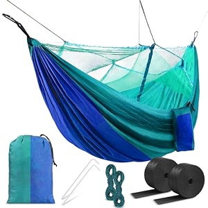 hacer portable outdoor camping hammock with mosquito net amp carabiner nylon windproof hanging swing for hiking backpacking - sky blue amp blue