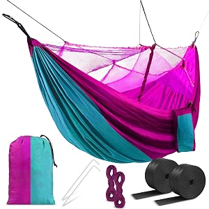 hacer portable outdoor camping hammock with mosquito net amp carabiner nylon windproof hanging swing for hiking backpacking sky blue amp pink