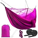 HACER Portable Outdoor Camping Hammock with Mosquito Net &amp; Carabiner Nylon Windproof Hanging Swing for Hiking Backpacking - Pink
