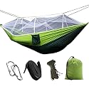 HACER Portable Outdoor Camping Hammock with Mosquito Net &amp; Carabiner Nylon Windproof Hanging Swing for Hiking Backpacking - Dark Green &amp; Light Green