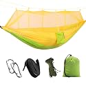 HACER Portable Outdoor Camping Hammock with Mosquito Net &amp; Carabiner Nylon Windproof Hanging Swing for Hiking Backpacking - Light Green &amp; Yellow