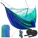 HACER Portable Outdoor Camping Hammock with Mosquito Net &amp; Carabiner Nylon Windproof Hanging Swing for Hiking Backpacking - Sky Blue &amp; Blue