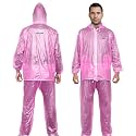 HACER Rock Raincoat with Hood Waterproof Rainsuit Adjustable Drawstring Hem Set of Top &amp; Bottom Barsaati Universal Rainwear Side Pockets Packed in Storage Bag (Universal, Pink)