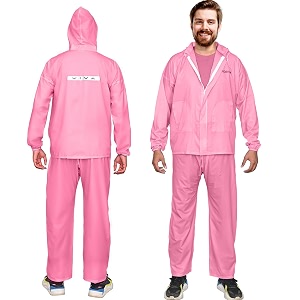 hacer super net raincoat with hood waterproof rainsuit adjustable hem set of top bottom barsaati rainwear in storage bag universal pink