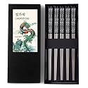 Hagary Dragon Chopsticks Metal Reusable (Black - 5 Pairs)