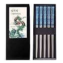 Hagary Dragon Chopsticks Metal Reusable (Blue - 5 Pairs)