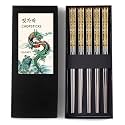 Hagary Dragon Chopsticks Metal Reusable Designed In Korea Japanese Style Stainless Steel 316 18/10 Non-Slip Dishwasher Safe Laser Etched (Gold - 5 Pairs)