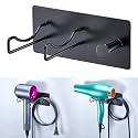 Hair Dryer Holder Wall Mounted, Universal Blow Dryer Holder, Hairdryer Storage Hanger with Plug&Cord Hook, Adhesive Hair Tool Organizer for Bathroom, Black