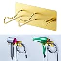 Hair Dryer Holder Wall Mounted, Universal Blow Dryer Holder, Hairdryer Storage Hanger with Plug&amp;Cord Hook, Adhesive Hair Tool Organizer for Bathroom, Gold