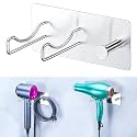 Hair Dryer Holder Wall Mounted, Universal Blow Dryer Holder, Hairdryer Storage Hanger with Plug&amp;Cord Hook, Adhesive Hair Tool Organizer for Bathroom, Silver