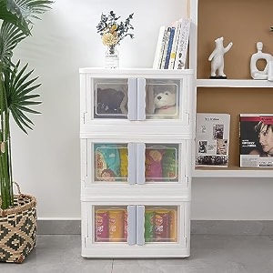haixin collapsible storage bins clear black wardrobe closet organizer foldable plastic storage container with door crate for book storage 8 foldable stackable rack- white