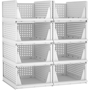 haixin collapsible storage bins clear black wardrobe closet organizer foldable plastic storage container with door crate for book storage 8 foldable stackable rack- white