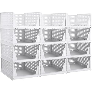 haixin collapsible storage bins clear black wardrobe closet organizer foldable plastic storage container with door crate for book storage 12 foldable stackable rack- white