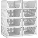 HAIXIN Collapsible Storage Bins, Clear Black Wardrobe Closet Organizer, Foldable Plastic Storage Container with Door, Crate for Book Storage (8, Foldable Stackable rack- white)