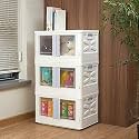 HAIXIN Collapsible Storage Bins, Clear Black Wardrobe Closet Organizer, Foldable Plastic Storage Container with Door, Crate for Book Storage (8, Foldable Stackable rack- white)