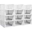 HAIXIN Collapsible Storage Bins, Clear Black Wardrobe Closet Organizer, Foldable Plastic Storage Container with Door, Crate for Book Storage (12, Foldable Stackable rack- white)