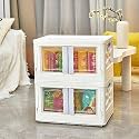 HAIXIN Collapsible Storage Bins, Clear Black Wardrobe Closet Organizer, Foldable Plastic Storage Container with Door, Crate for Book Storage (8, Foldable Stackable rack- white)
