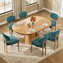 Large Retro Dining Table Set for 6, Modern Oval Kitchen Table Set with 6 Upholstered Chairs, Solid MDF Table with 2-Layer Storage Shelf and Wood Slide Door, Luxury Blue Chenille Chairs