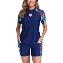 Halcurt Women's 2 Piece Rash Guard Swim Shirts Built in Bra Boyleg Swimsuit
