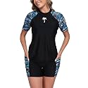 Halcurt Women's 2 Piece Rash Guard Swim Shirts Built in Bra Boyleg Swimsuit