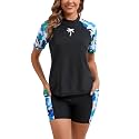 Halcurt Women's 2 Piece Rash Guard Swim Shirts Built in Bra Boyleg Swimsuit