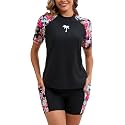Halcurt Women's 2 Piece Rash Guard Swim Shirts Built in Bra Boyleg Swimsuit