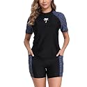 Halcurt Women's 2 Piece Rash Guard Swim Shirts Built in Bra Boyleg Swimsuit