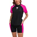 Halcurt Women's 2 Piece Rash Guard Swim Shirts Built in Bra Boyleg Swimsuit