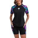 Halcurt Women's 2 Piece Rash Guard Swim Shirts Built in Bra Boyleg Swimsuit
